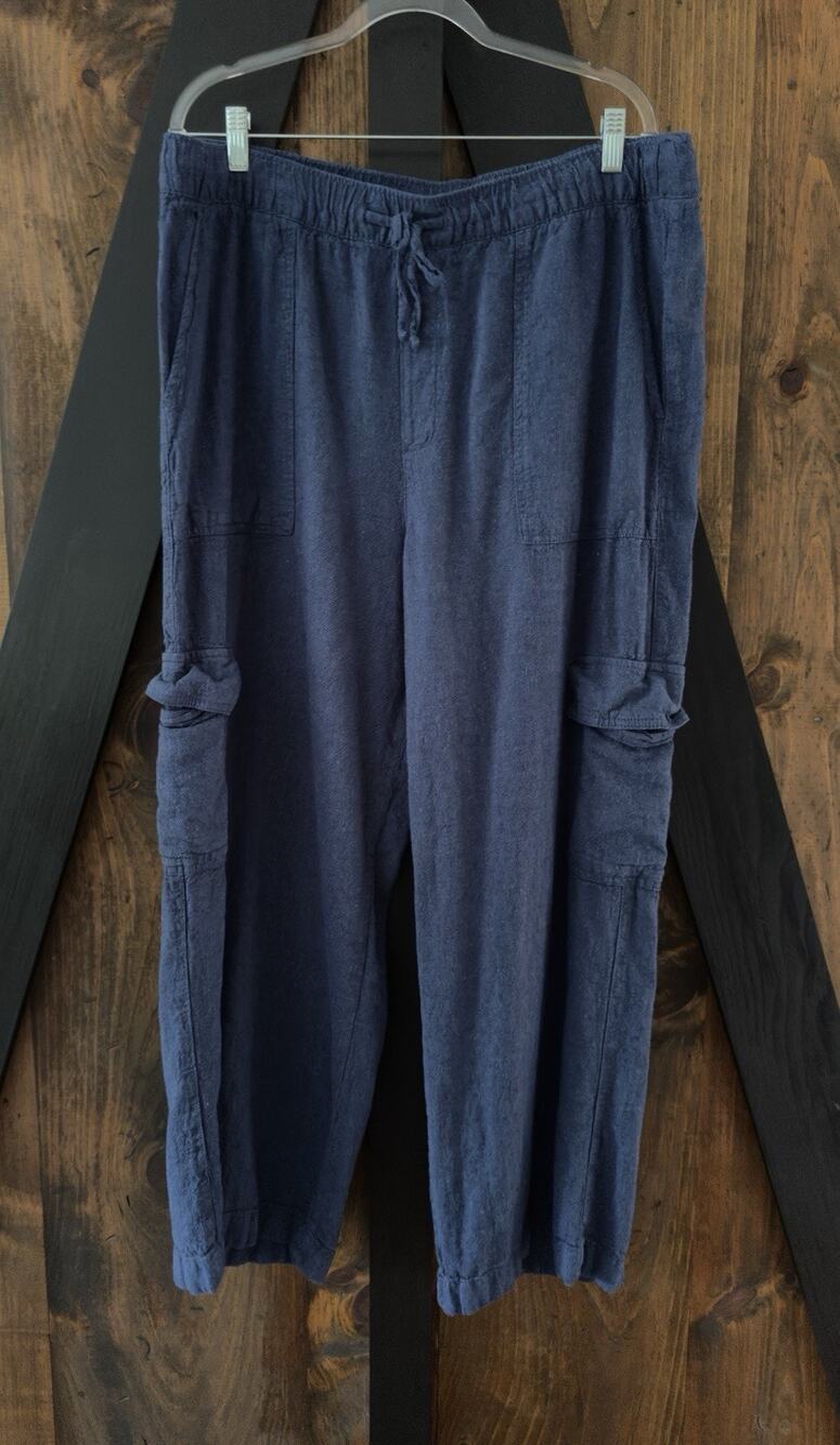 GAP Linen Blend Wide Leg Women’s Blue Cargo Utility Pants Coastal Beach Size XL